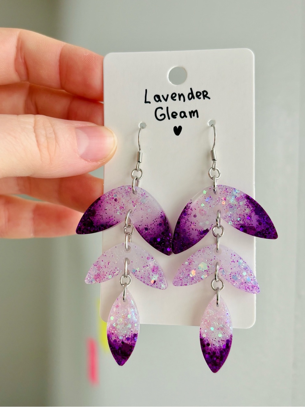 Lavender Gleam Resin Earrings Handmade Purple Glitter Dangle Iridescent